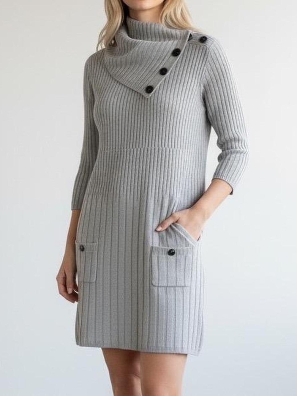 Style & Co size M. Gray Ribbed Button-Accent Sweater Dress
